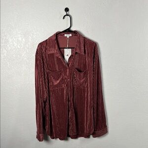 GEE GEE Women’s Burgundy Velvet Button-Up Shirt Long Sleeve Sz 3XL Career Casual